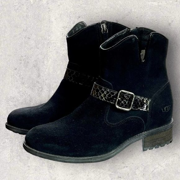 UGG MILNOR Black Suede Snake Strap Ankle Boots with Zipper Size 8 NEW - Picture 3 of 12